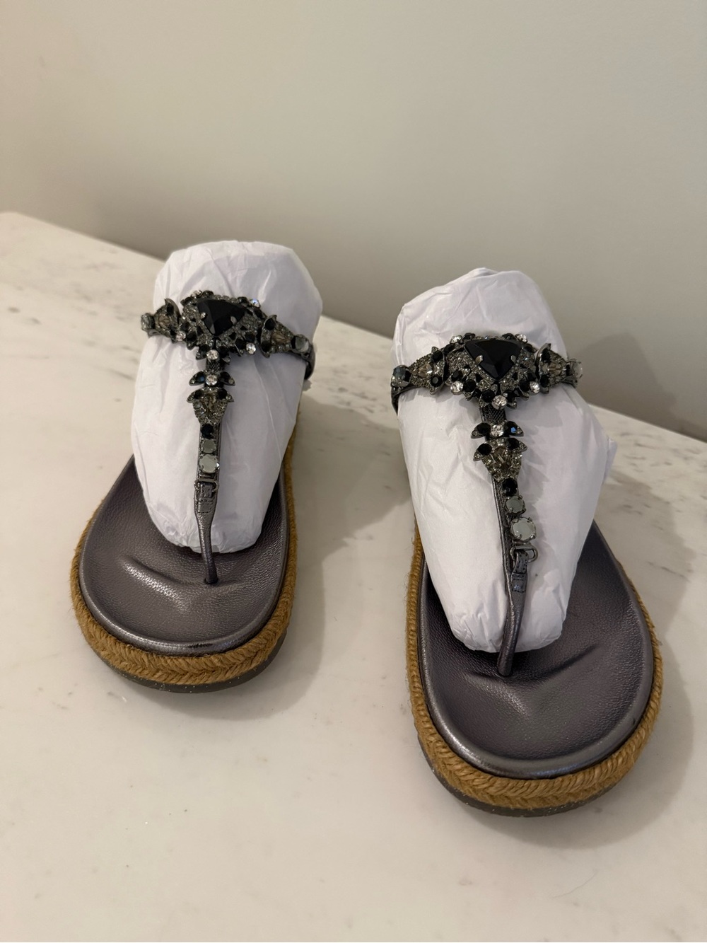 Jimmy Choo Metallic Gray Jeweled T-Strap Sandals